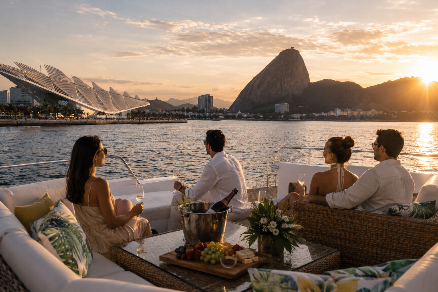 The group lounging on the catamaran deck at sunset