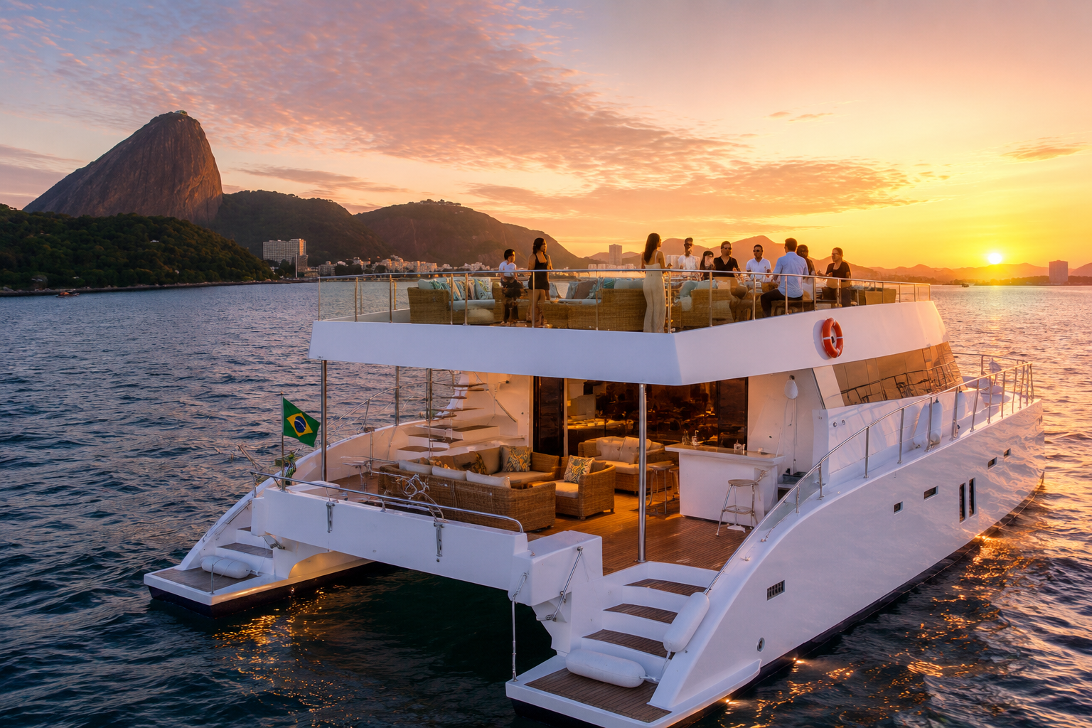 The catamaran at sunset with Sugarloaf behind