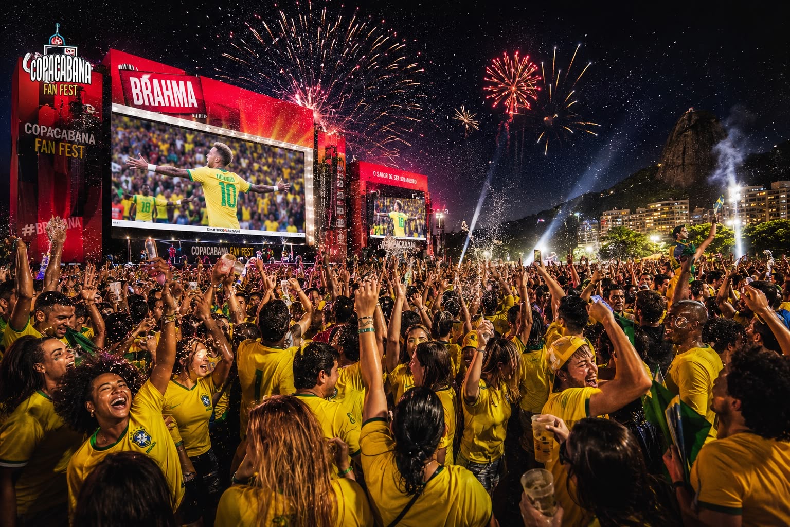 Copacabana Fan Fest at night with fireworks and a Brazil crowd