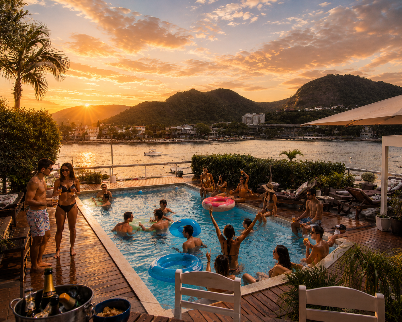 Pool party at the villa at sunset over the bay