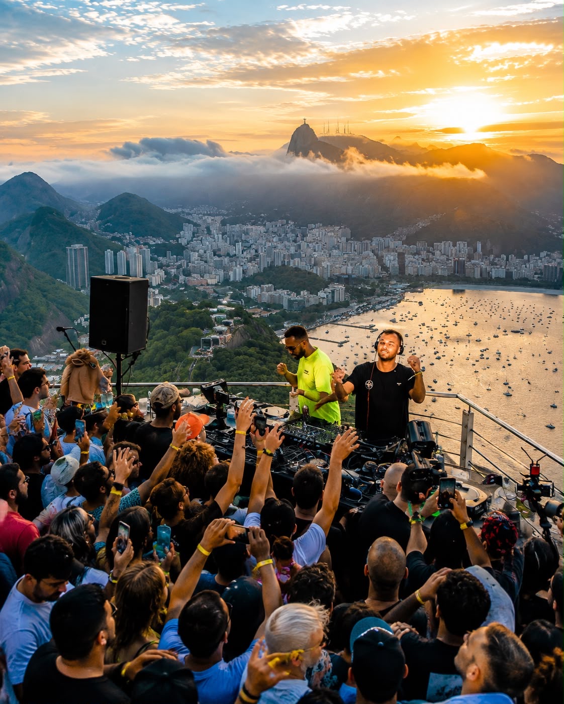 Sunset DJ party at the top of Sugarloaf, Rio behind